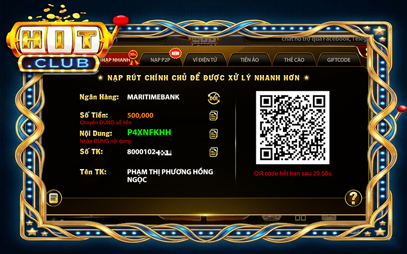 Quét mã QR chuyển khoản tại cổng game bài Hit Club an toàn